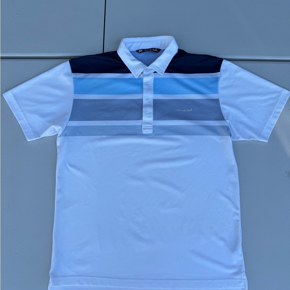 Travis Mathew White and Blue Gradient Men’s Polo Shirt Size (XL) Good Condition